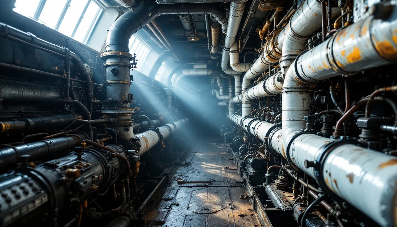 Pipes wrapped in aged insulation in an old ship engine room