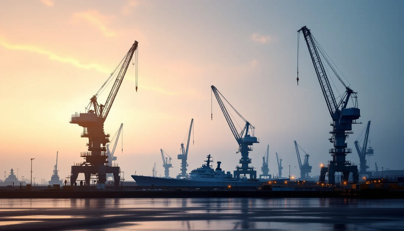 Shipyard cranes silhouetted at dawn