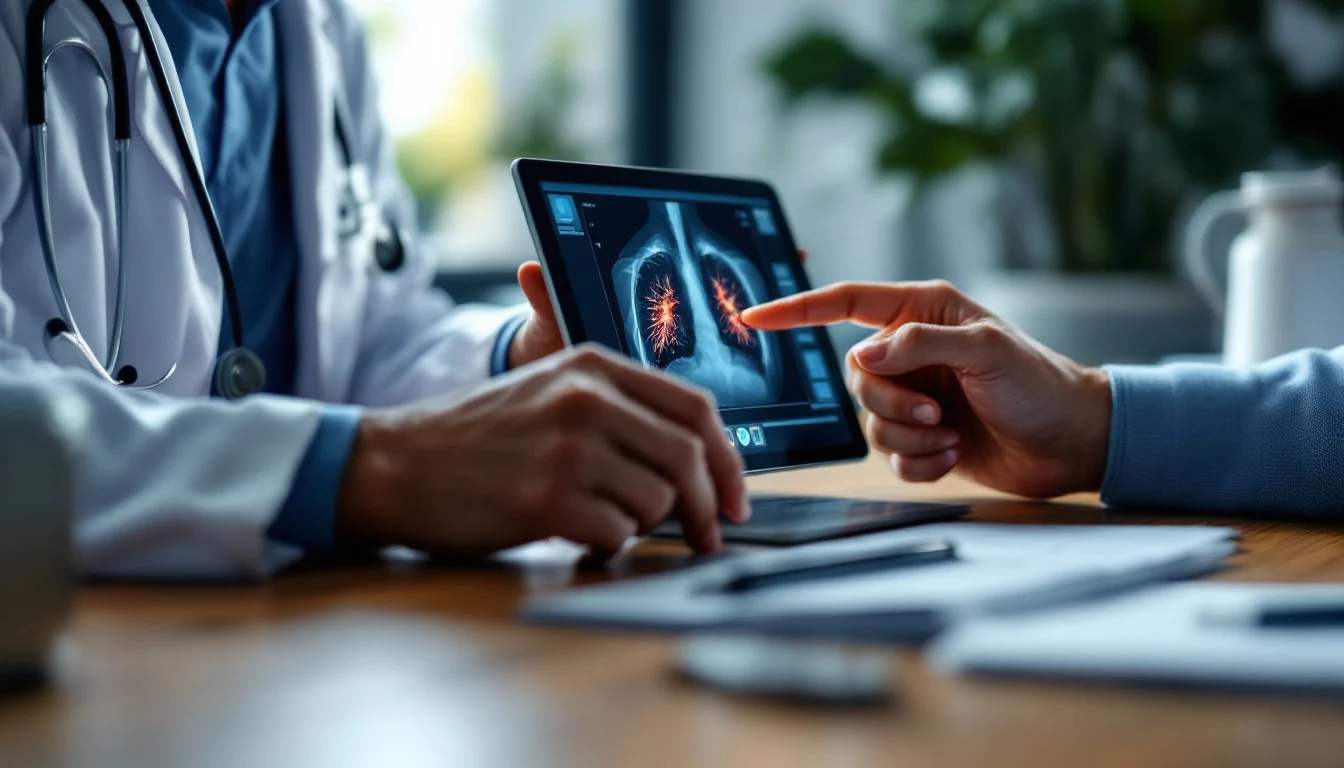 A doctor pointing to a lung scan on a tablet during a consultation