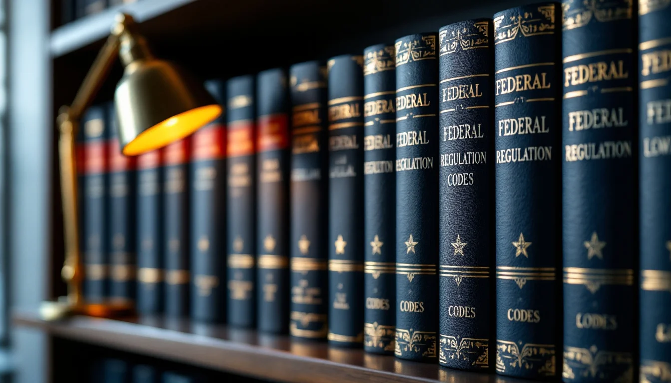 Rows of bound regulation volumes on a library shelf