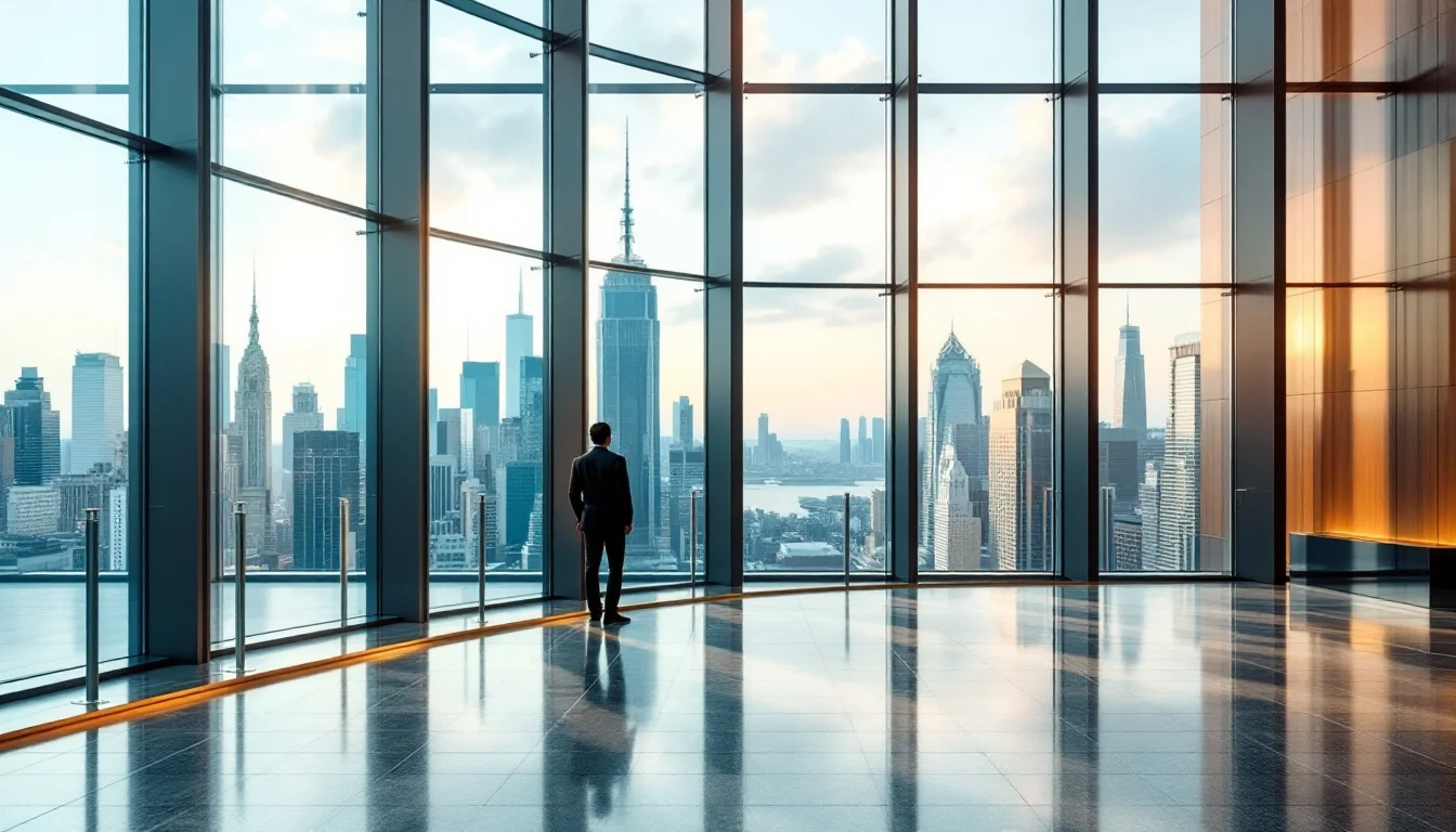 A glass office tower lobby overlooking a city skyline
