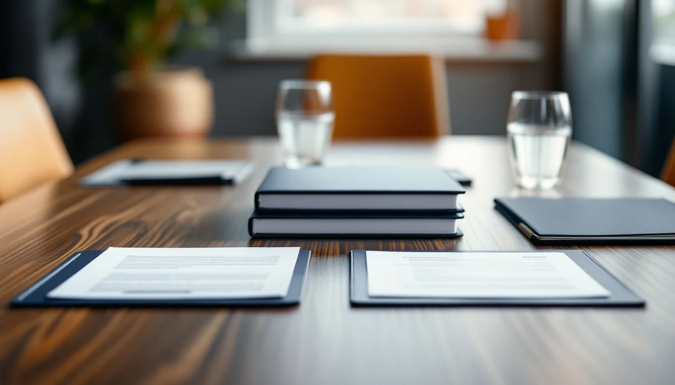 A boardroom table set with documents before a meeting