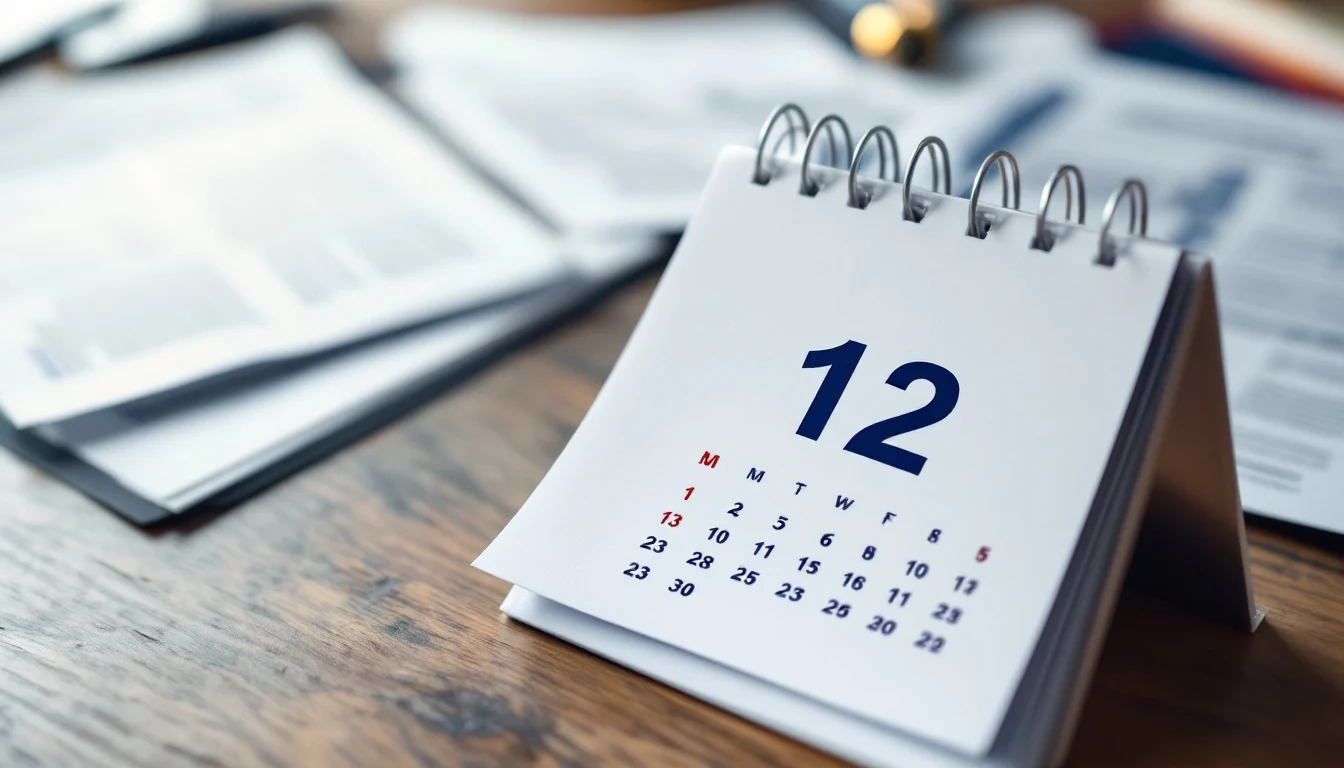 A desk calendar beside legal documents