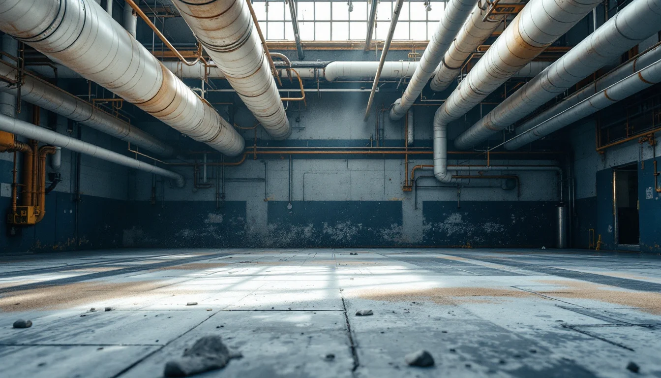 An old factory floor with pipes wrapped in insulation